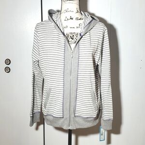 I Active - Gray & White Stripes Jacket Neutral Minimalist Zip front New! Sz.L